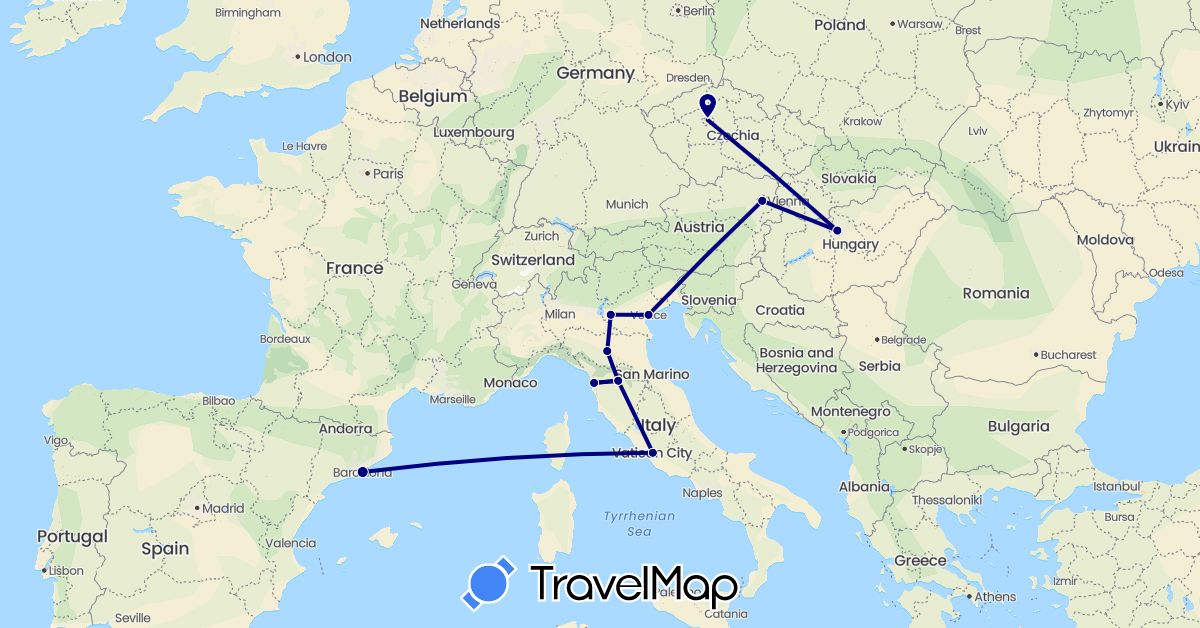 TravelMap itinerary: driving in Austria, Czech Republic, Spain, Hungary, Italy (Europe)